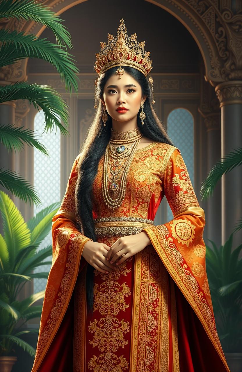A majestic depiction of the Queen of Langkasuka, the ancient Malay Empire, standing regal and proud