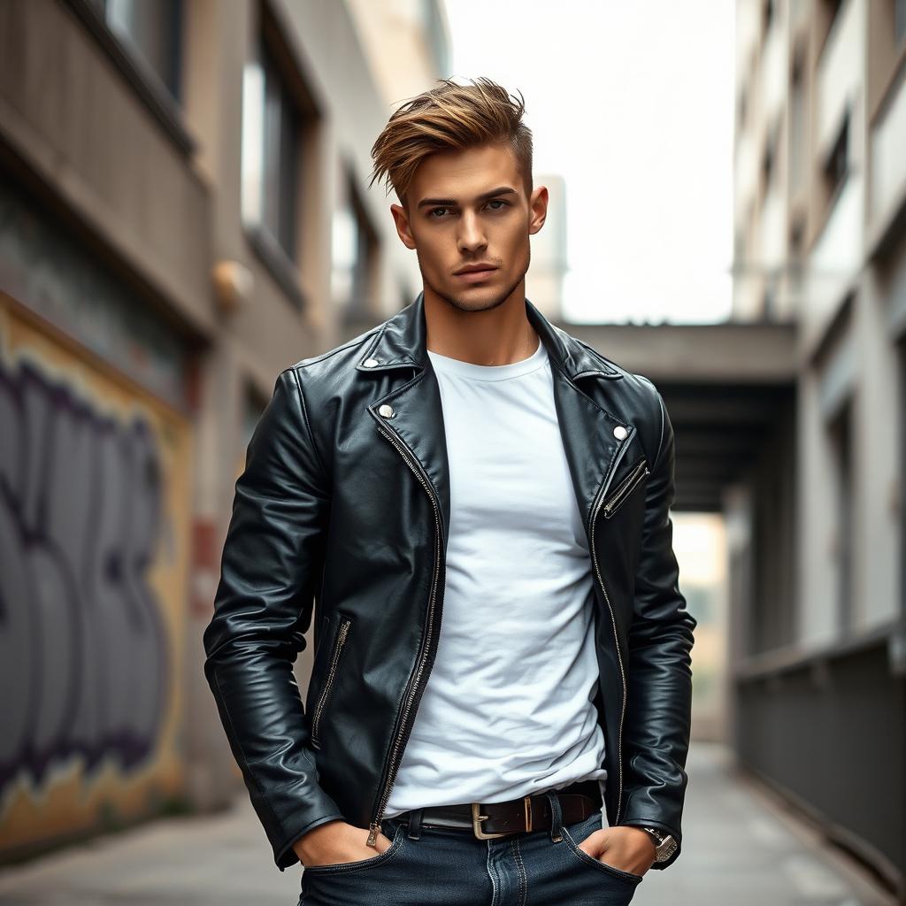 A stunning portrait of a male model standing confidently in an urban setting