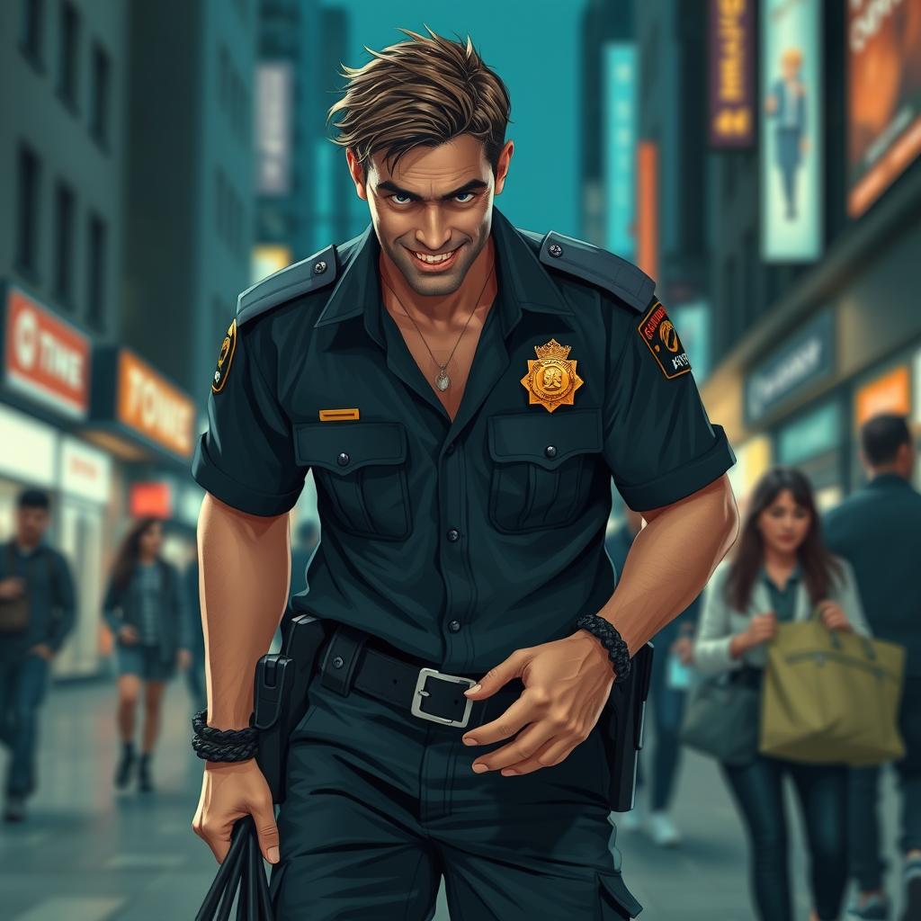 A rogue-looking police officer who embodies a criminal aesthetic, wearing a slightly tattered police uniform with a loose-fitting shirt and contrasting dark cargo pants