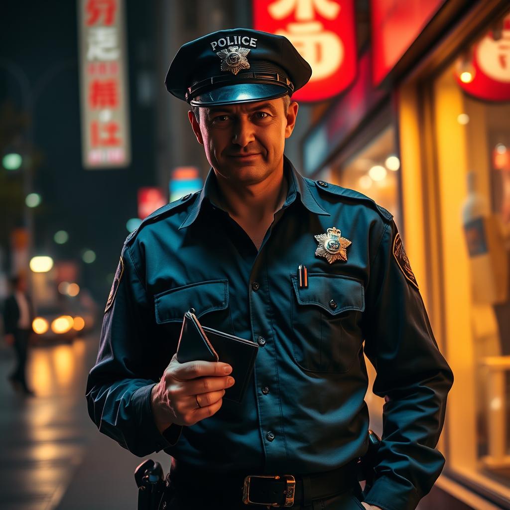 A sly police officer with a deceptive appearance, wearing a slightly rumpled police uniform that suggests a less-than-honorable intent