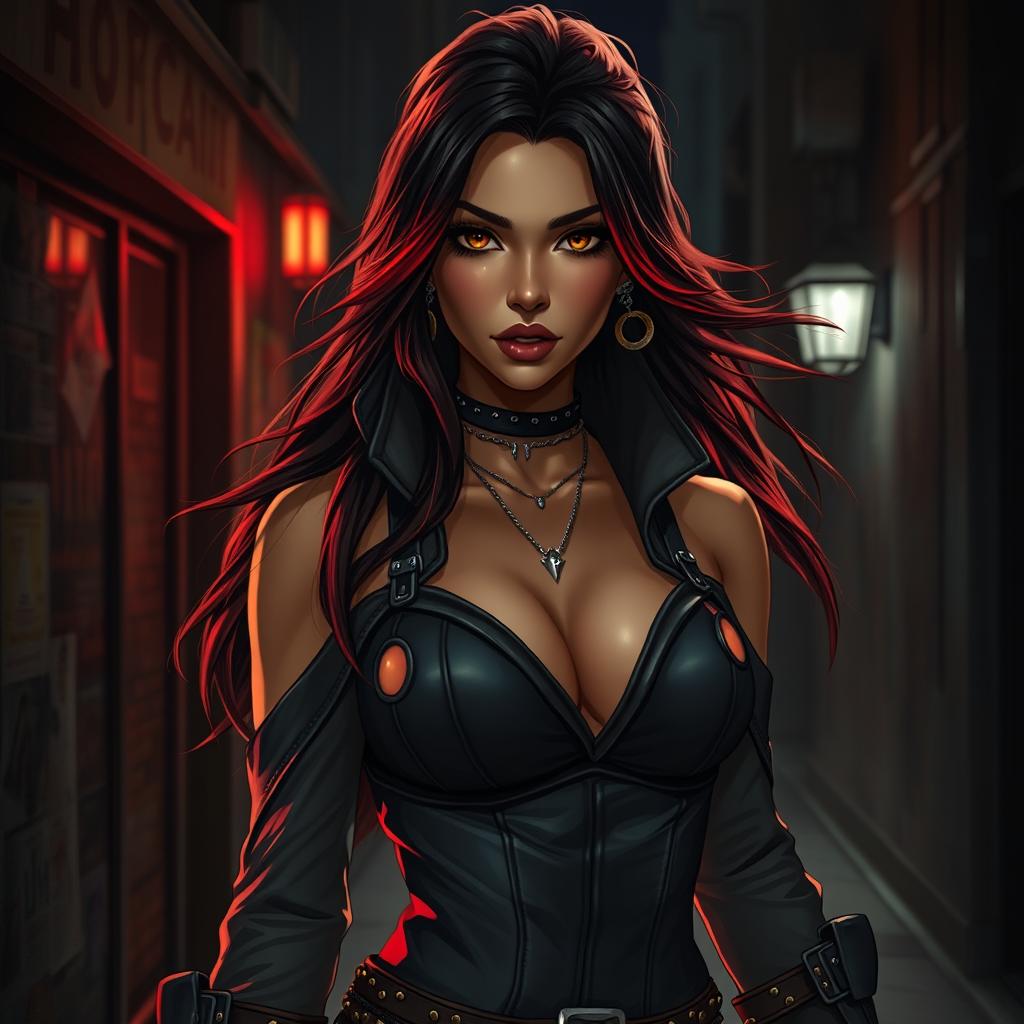 A charismatic Latina woman with mesmerizing brown eyes and long flowing dark hair featuring striking red highlights