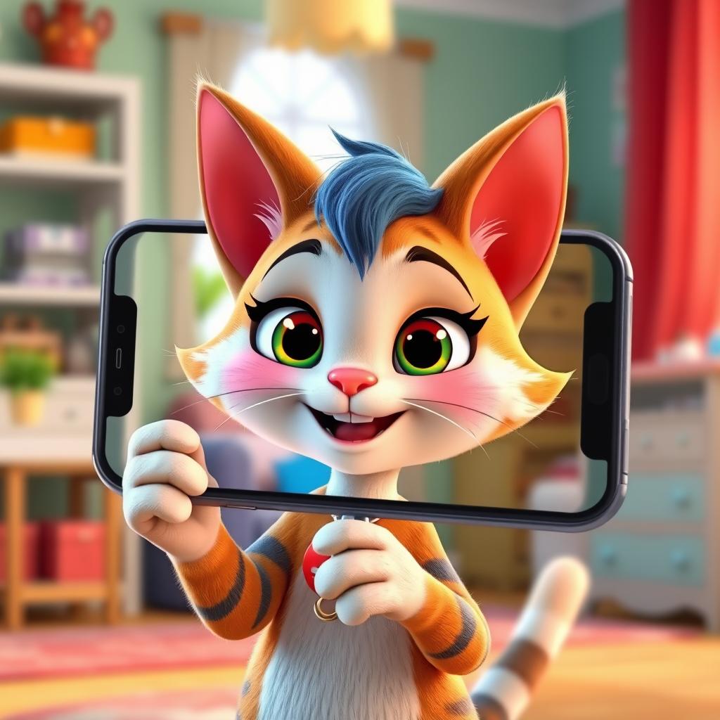 A 3D Disney-style female cat character engaging in a video call, her upper half visible only on a smartphone screen