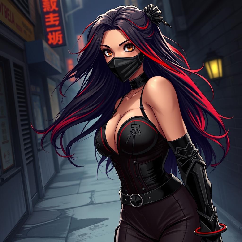 A charismatic Latina woman with mesmerizing brown eyes and long, flowing dark hair adorned with striking red highlights