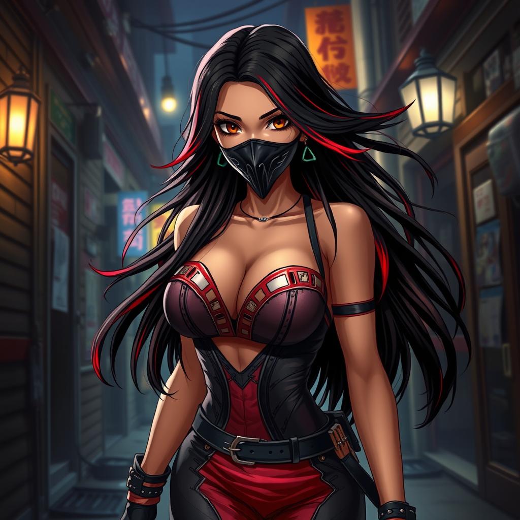 A charismatic Latina woman with captivating brown eyes and long, flowing dark hair accented with vibrant red highlights
