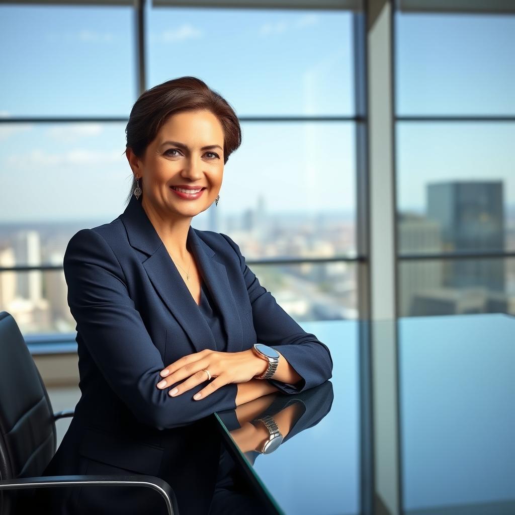 A professional portrait of a confident businesswoman, dressed in a tailored navy suit, sitting at a sleek glass conference table in a contemporary office