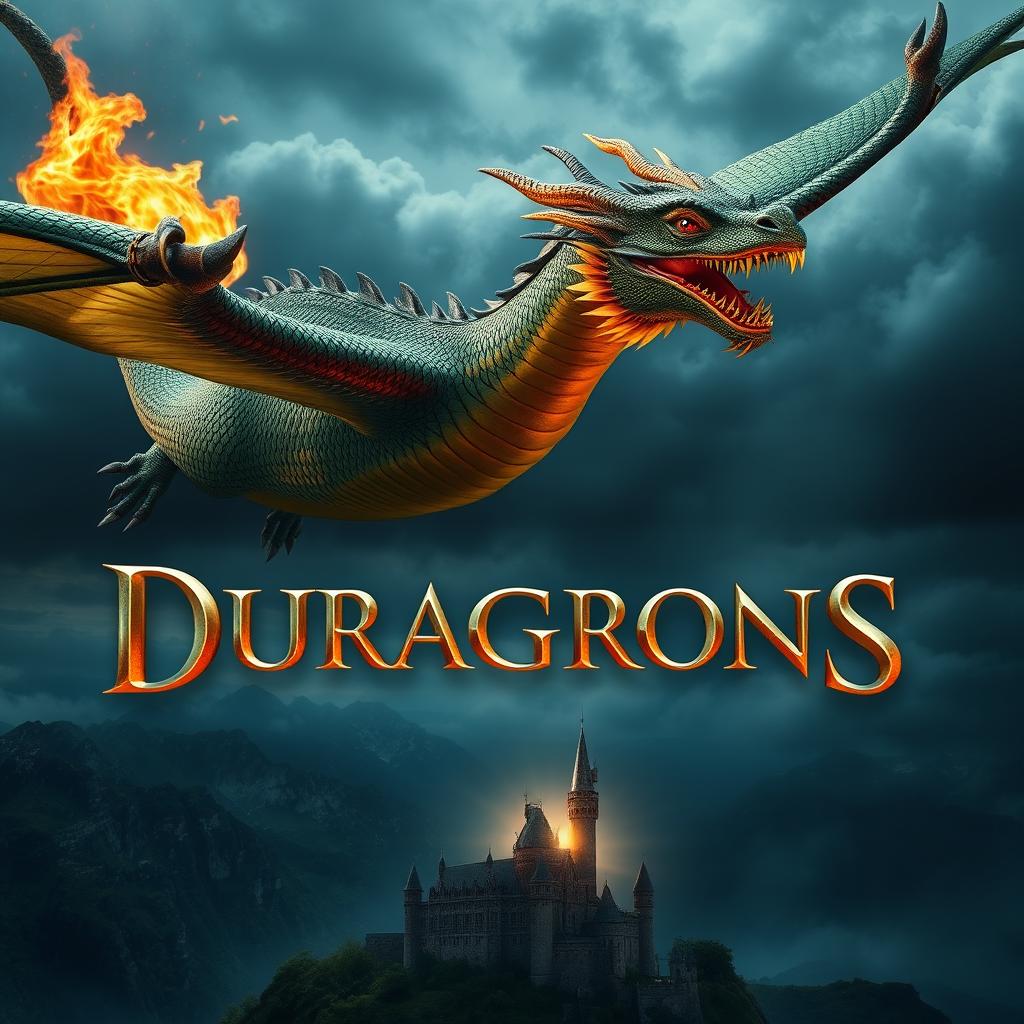 A dramatic movie poster featuring a majestic fire-breathing dragon soaring through the sky, flames erupting from its mouth, illuminating the night sky