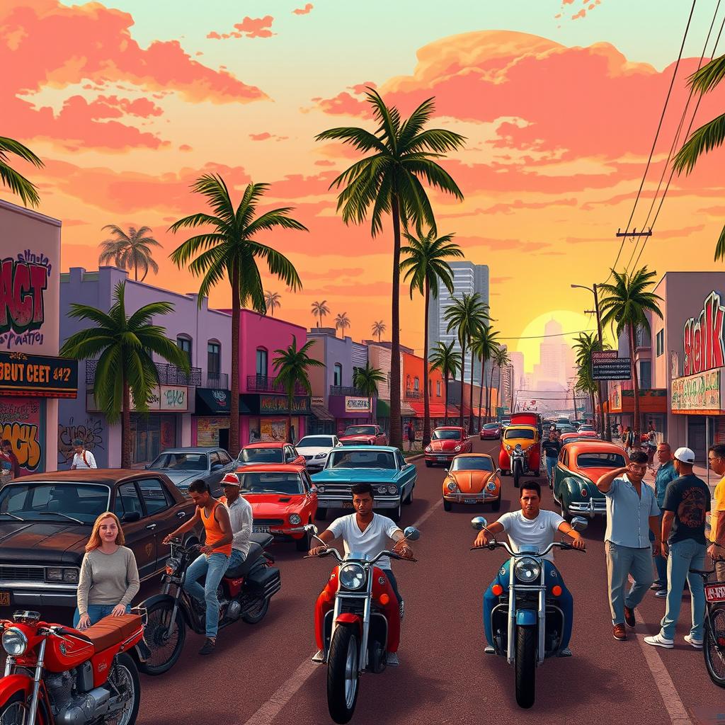 A detailed scene set in a bustling city environment inspired by GTA San Andreas, featuring a vibrant street filled with various vehicles like classic cars and motorcycles