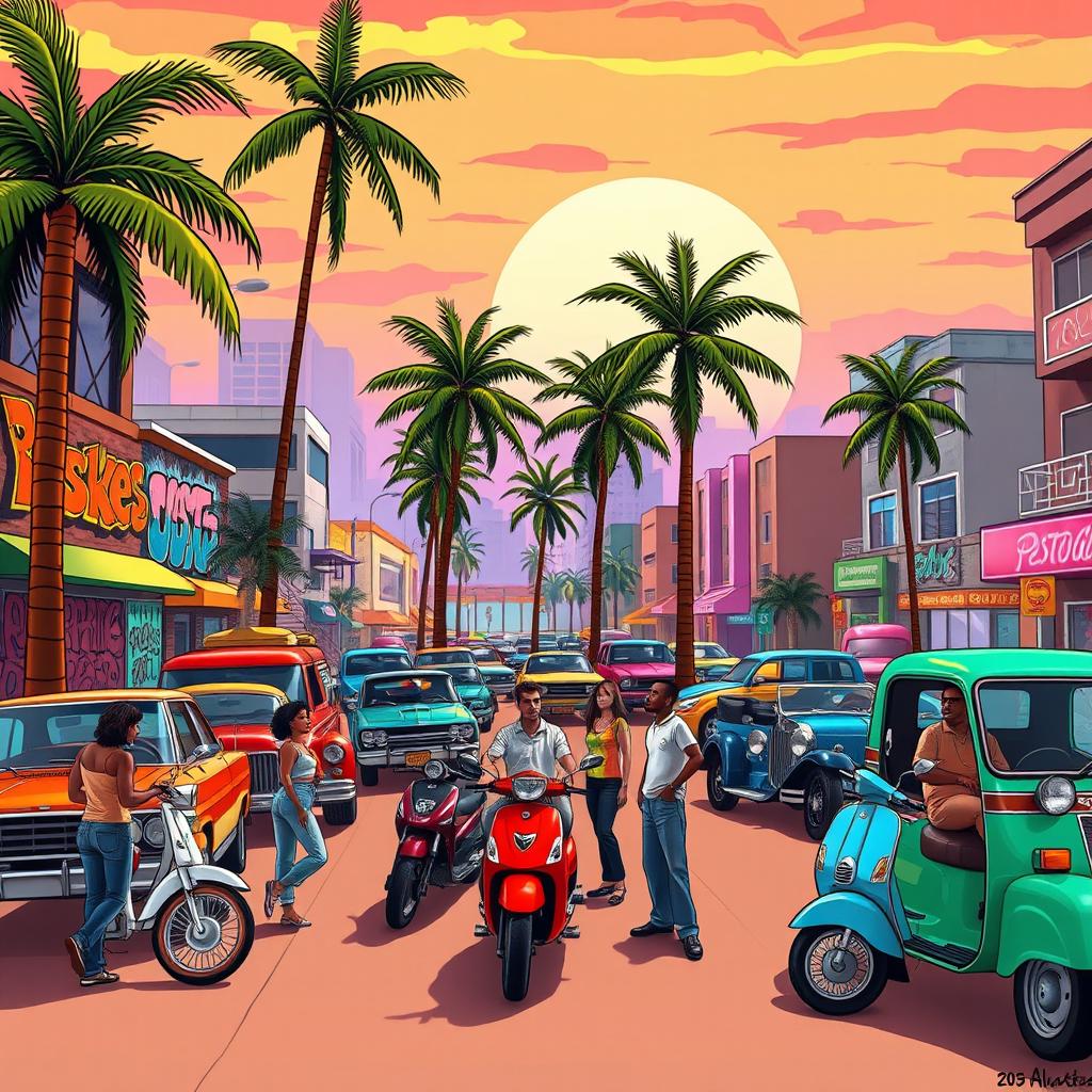 A dynamic scene set in an urban environment inspired by GTA San Andreas, featuring a lively street scene filled with an array of colorful vehicles, including classic muscle cars and scooters