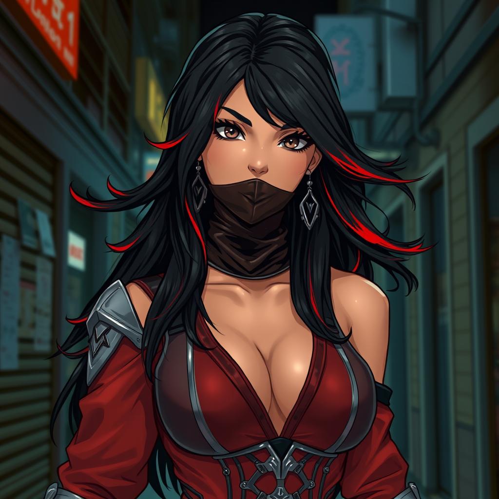 A charismatic Latina woman featuring mesmerizing brown eyes and long, flowing dark hair embellished with striking red highlights