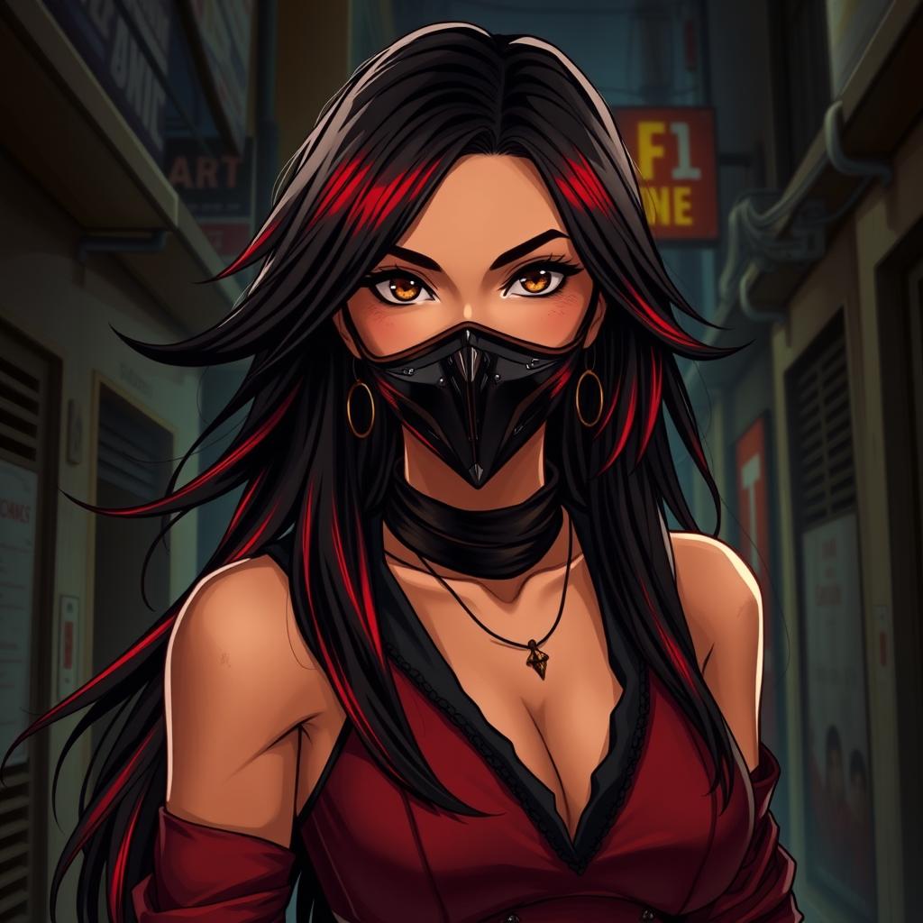 A charismatic Latina woman with mesmerizing brown eyes and long, flowing dark hair highlighted with striking red hues