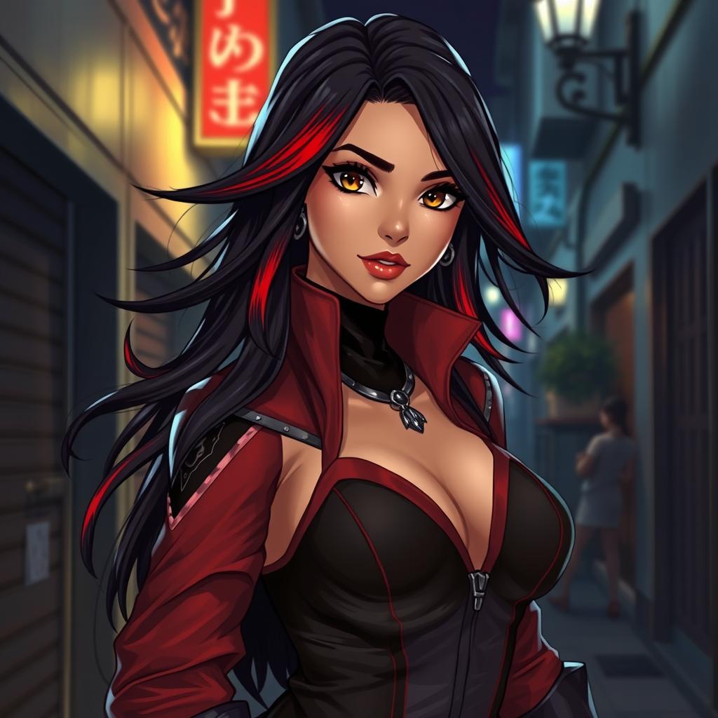 A charismatic Latina woman with captivating brown eyes and long, flowing dark hair adorned with vibrant red highlights