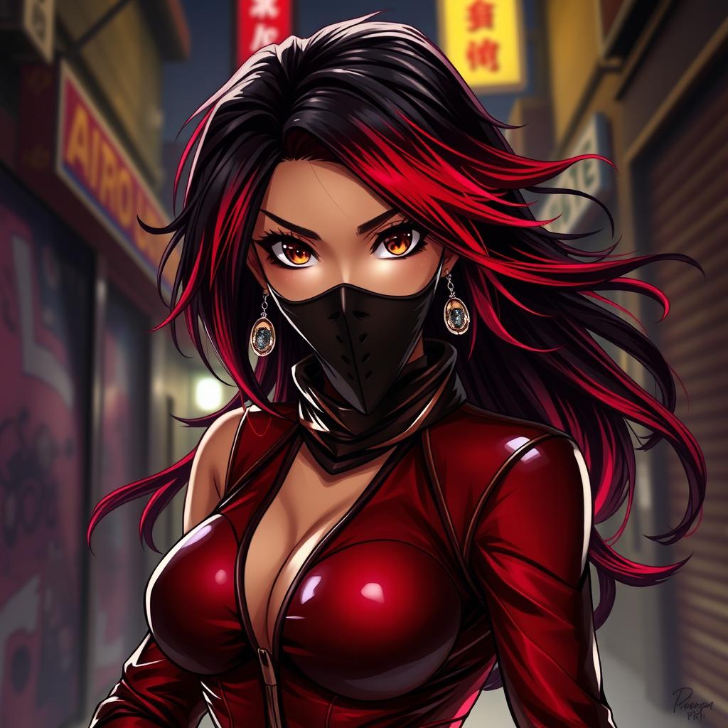 A charismatic Latina woman with mesmerizing brown eyes and long, flowing dark hair featuring dramatic red highlights