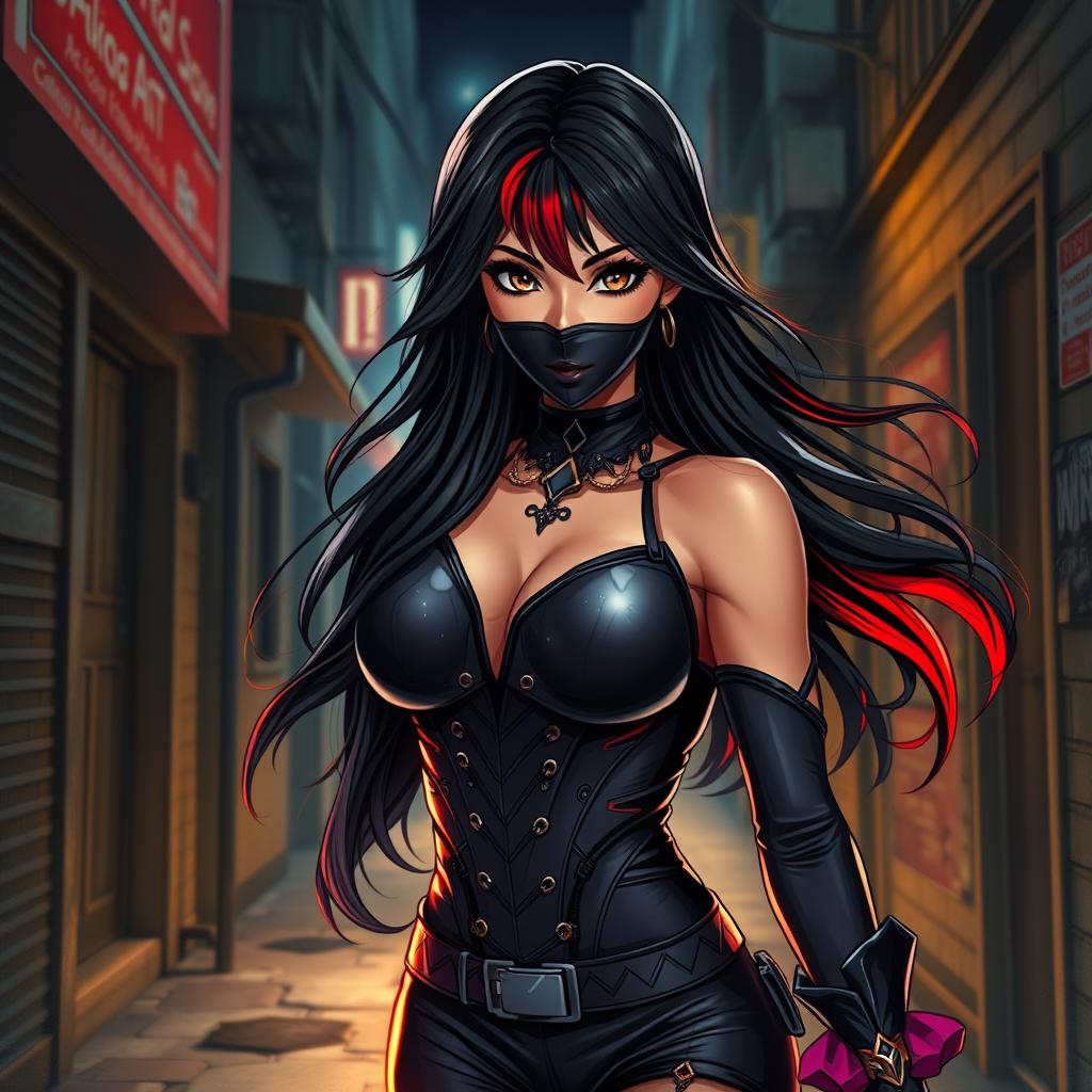 A charismatic Latina woman with enchanting brown eyes and long, flowing dark hair accentuated with striking red highlights
