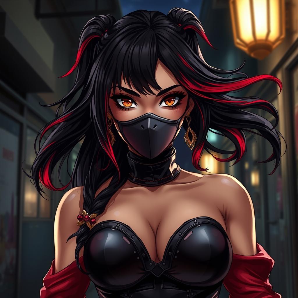 A charismatic Latina woman with mesmerizing brown eyes and long, flowing dark hair adorned with vibrant red highlights