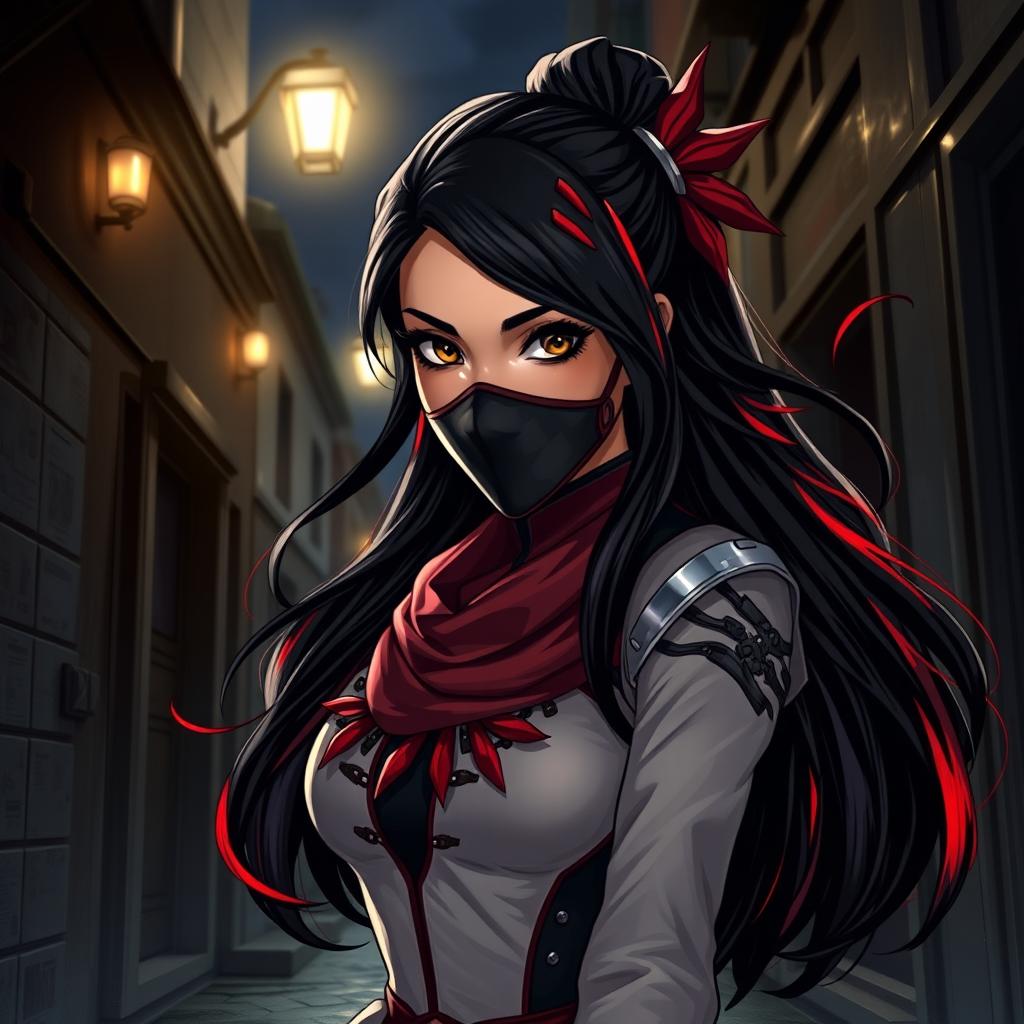 A charismatic Latina woman with mesmerizing brown eyes and long, flowing dark hair embellished with bright red highlights