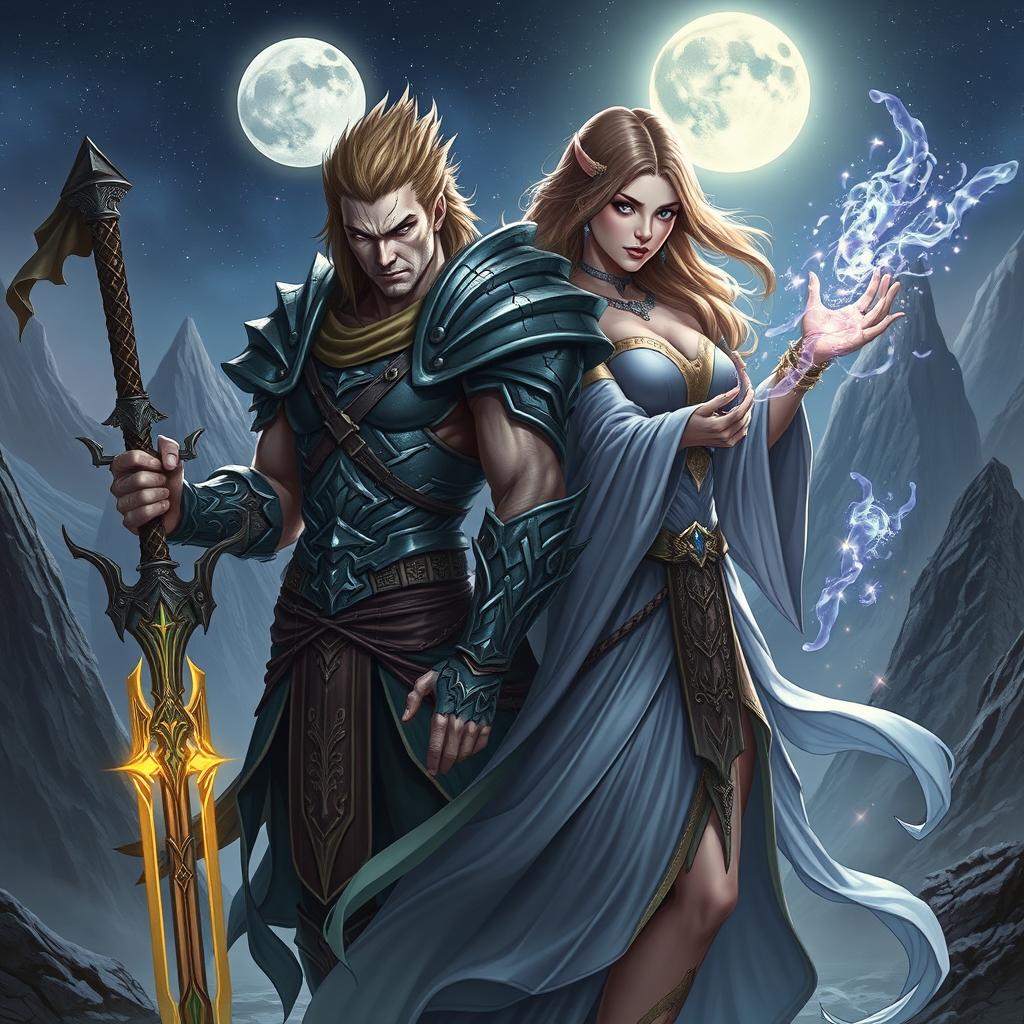 A stunning fusion of two characters, one a fierce warrior with intricately designed armor and a glowing sword, and the other a mystical sorceress with flowing robes, casting shimmering spells