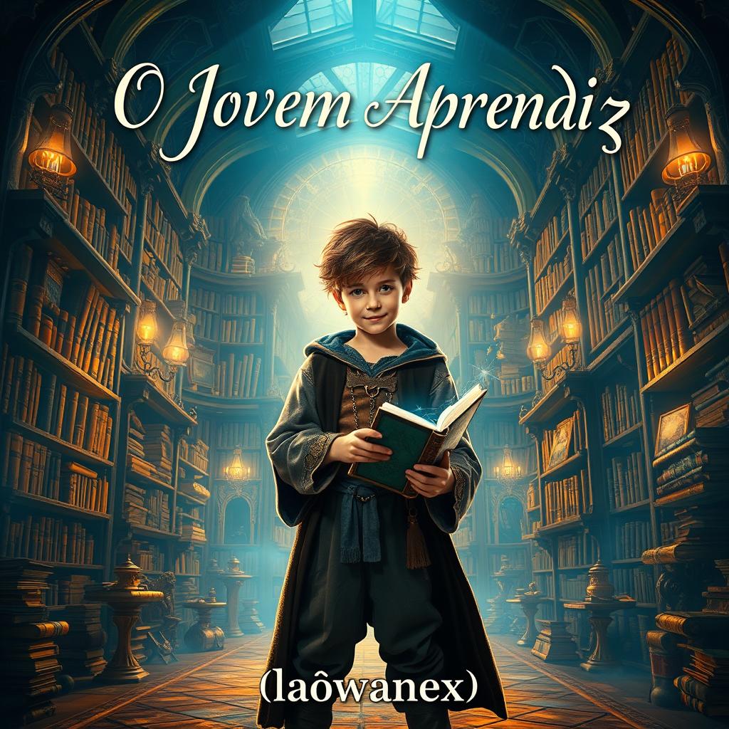 A captivating book cover for 'O Jovem Aprendiz', featuring a mysterious and enchanting setting that evokes a sense of adventure and learning