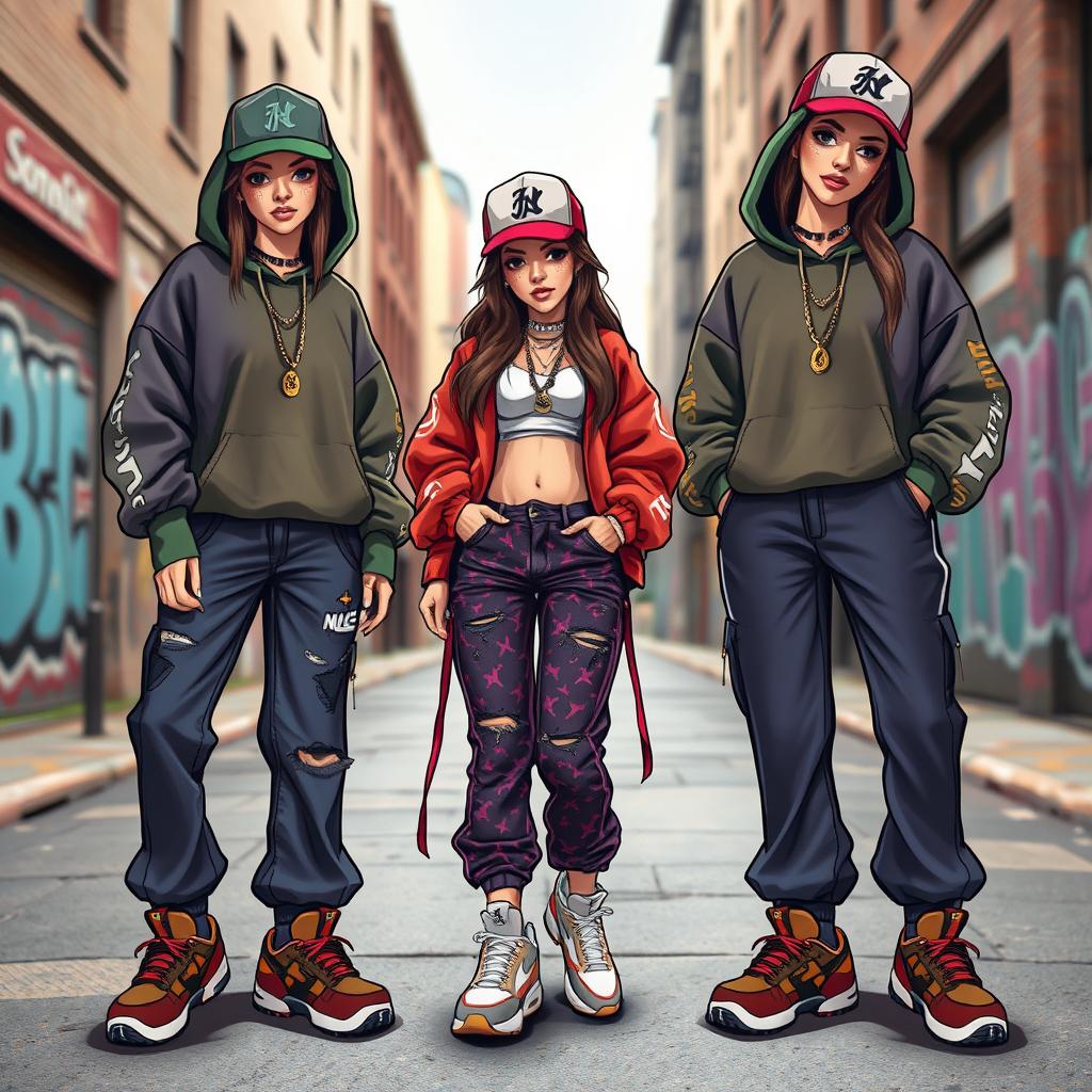A stylish women's clothing design inspired by hip hop culture, featuring oversized hoodies, baggy jeans, and vibrant colors