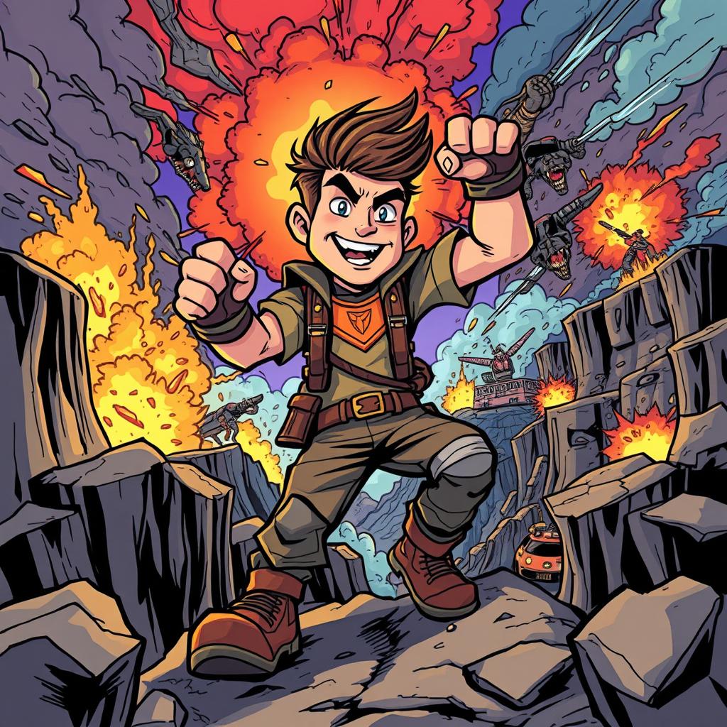 A vibrant and dynamic cartoon-style illustration depicting a scene full of danger, featuring a heroic character in a bold pose, surrounded by chaotic elements such as explosions, fierce animals, or dynamic weather