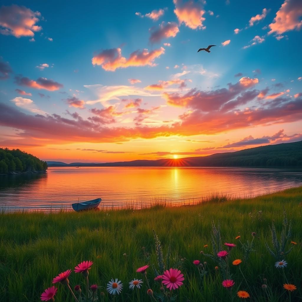 A serene landscape depicting a peaceful sunset over a tranquil lake, surrounded by lush green forests