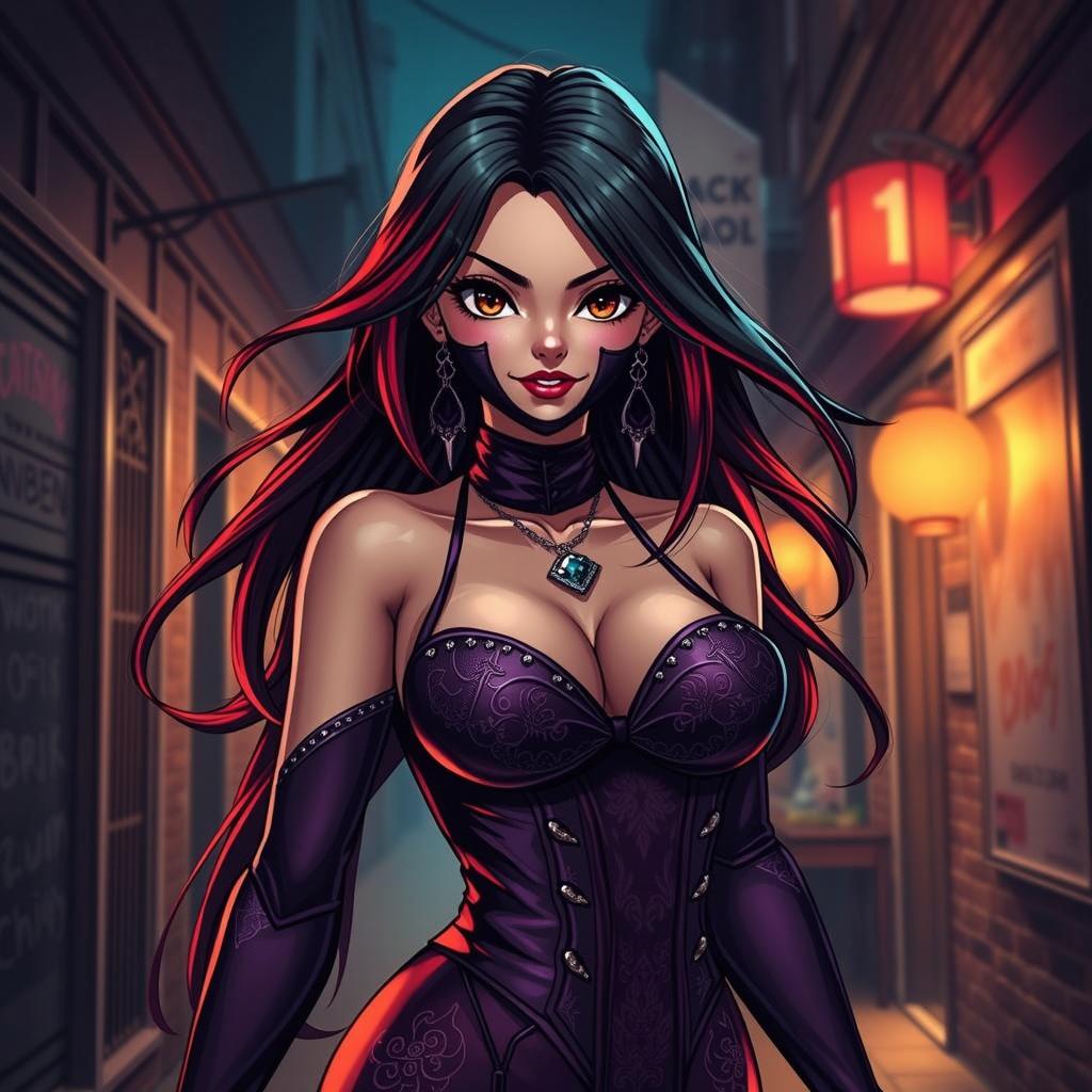 A confident female character dressed in a form-fitting, elegant, dark purple outfit with intricate designs