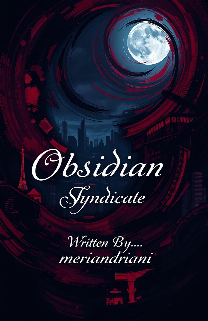 A striking cover background design for the OBSIDIAN Syndicate City at night, featuring a swirling blend of deep black and rich red color nuances