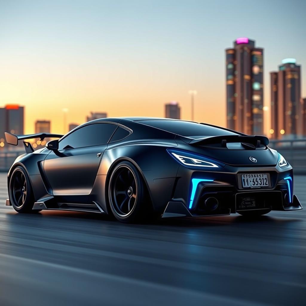 A sleek, modified car showcasing an aggressive and futuristic design