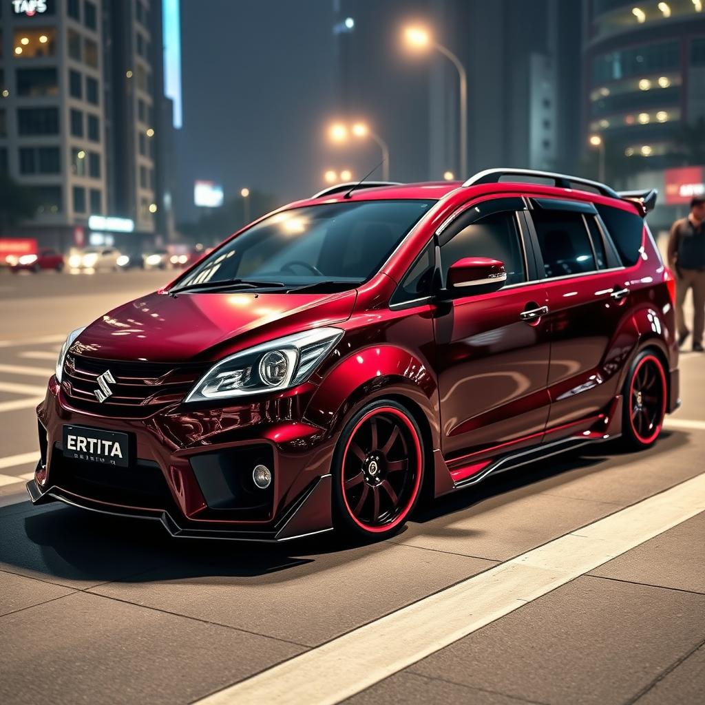 A modified 2016 Suzuki Ertiga featuring a widebody kit, showcased in a stunning burgundy red color