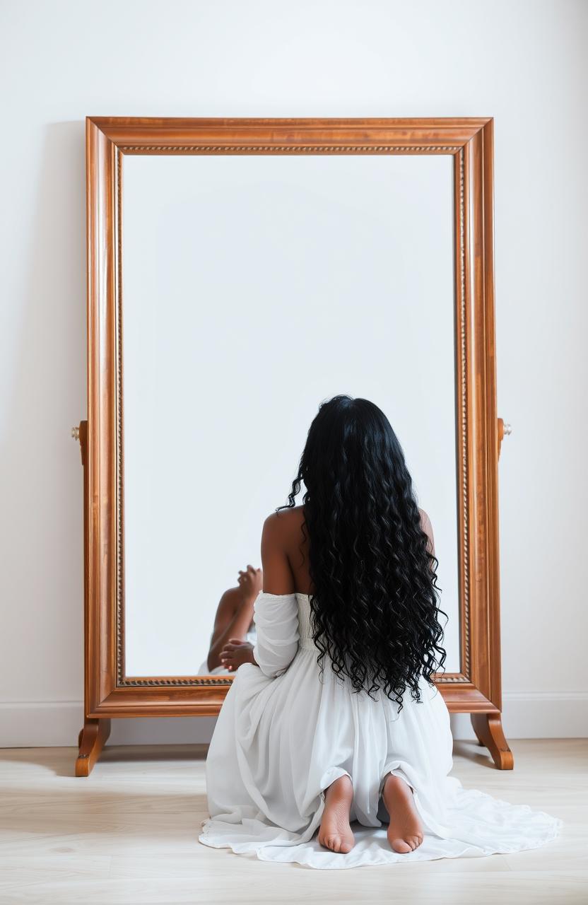 A brown woman with long, flowing black curly hair is kneeling in front of a blank mirror, dressed in a beautiful, white, flowing dress
