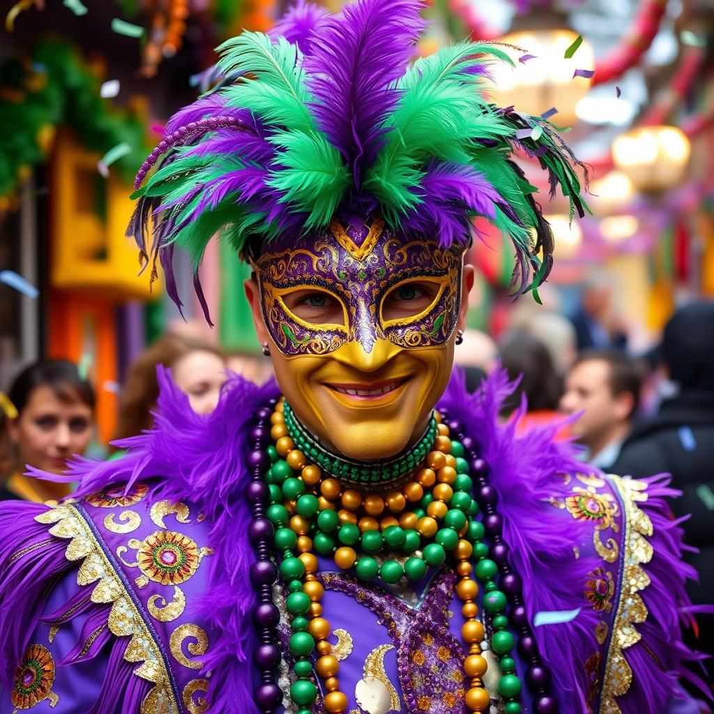 A vibrant scene featuring a person dressed in colorful Mardi Gras attire, adorned with extravagant beads, masks, and feathers
