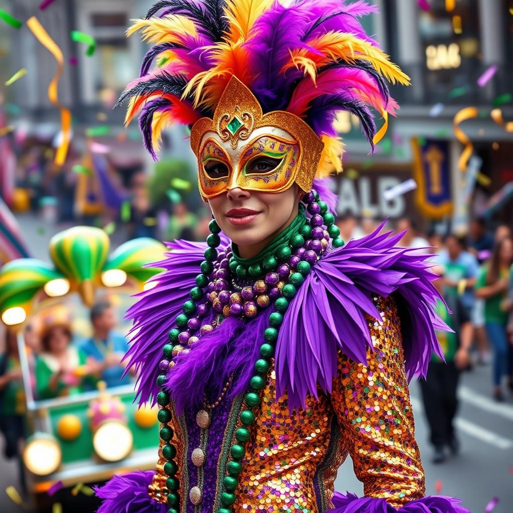 A vibrant and festive scene featuring a person dressed in elaborate Mardi Gras attire, complete with a colorful mask adorned with feathers and beads, a sequined purple, green, and gold costume