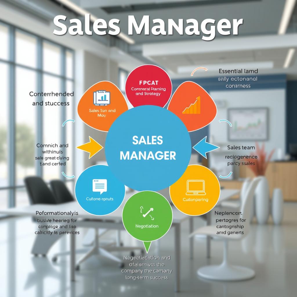 A comprehensive overview graphic showcasing the essential functions of a sales manager, including commercial planning and strategy, sales team management, performance analysis, and negotiation and customer relationship skills