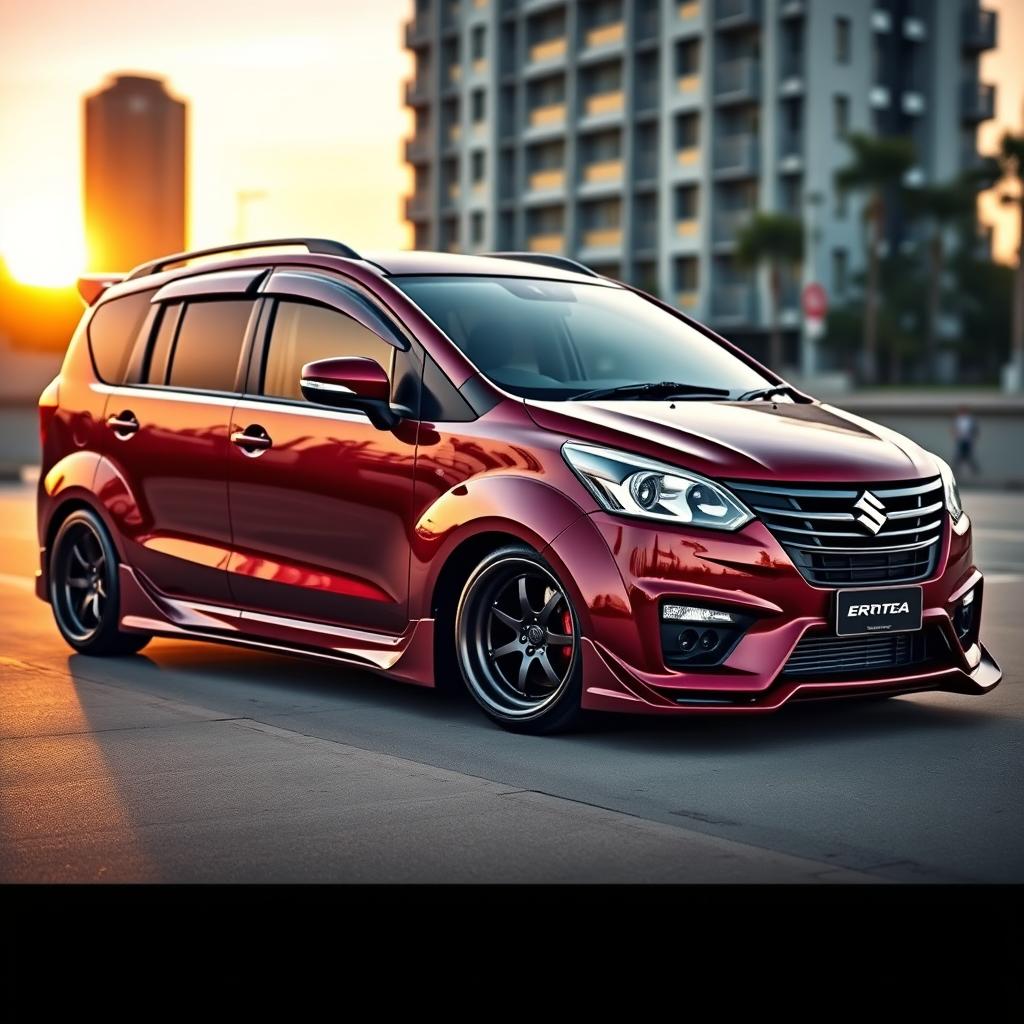 A 2016 Suzuki Ertiga featuring an impressive widebody kit, showcased in a luxurious burgundy red color