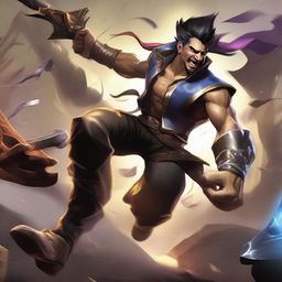 An intense action scene from League of Legends showing Draven scoring a dominating Pentakill, his signature spinning axes swinging through the air with raw power and precision.