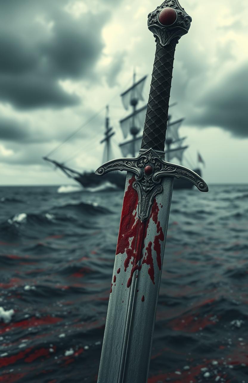 A dramatic scene featuring a detailed, ornate sword with fresh blood splattered on its blade, positioned at an angle to highlight the crimson color