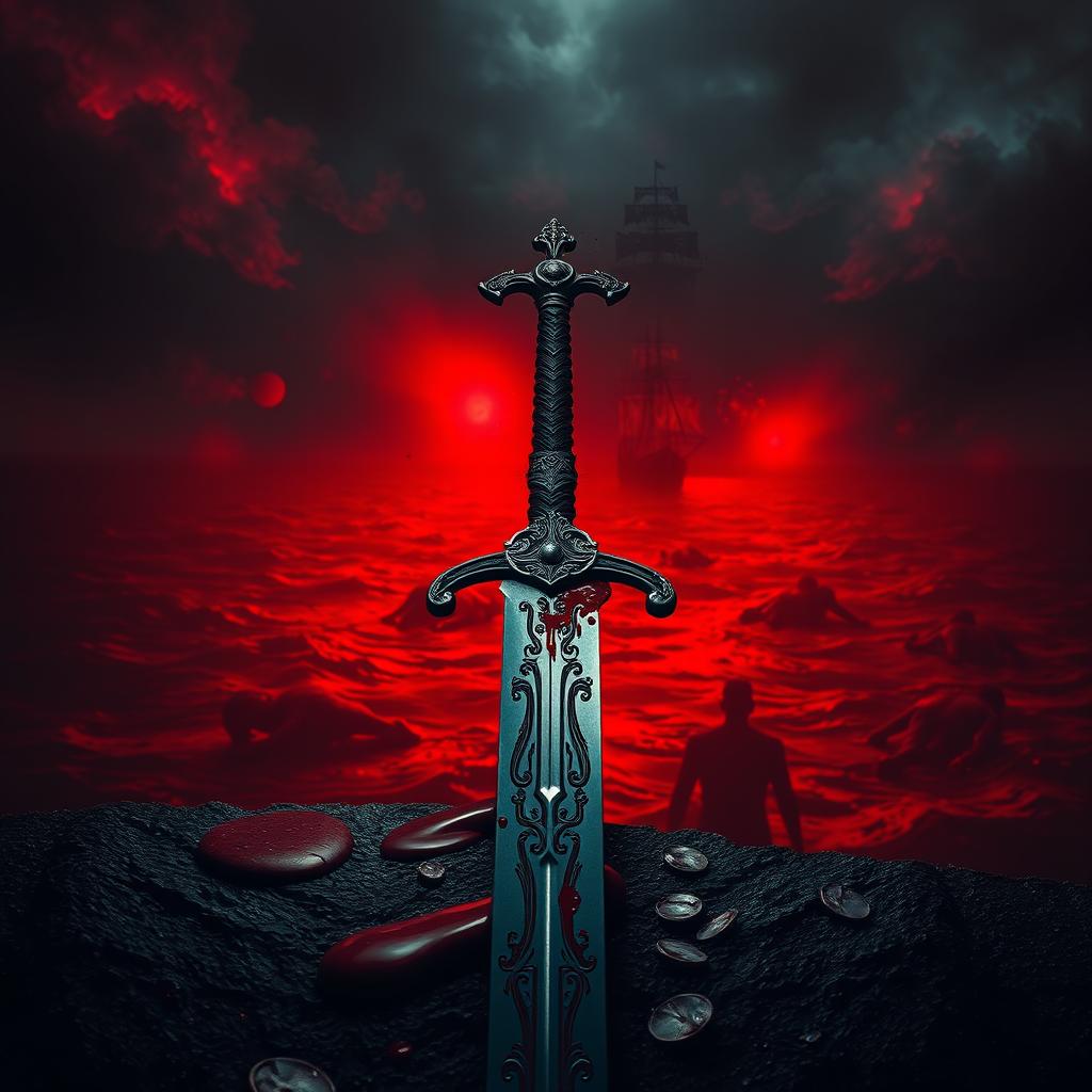 A dramatic scene featuring a menacing sword with crimson blood dripping from it, set against a dark and stormy background