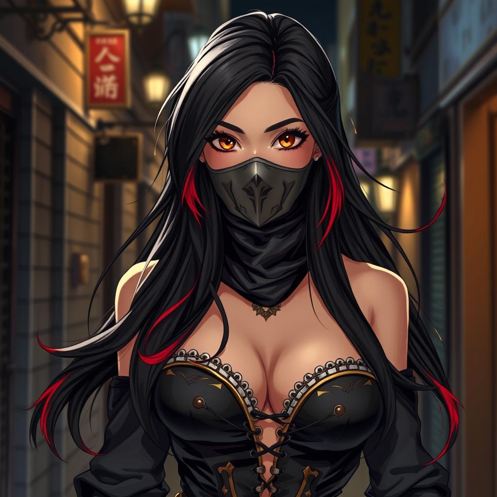 A charismatic Latina woman with mesmerizing brown eyes and long, flowing dark hair embellished with striking red highlights