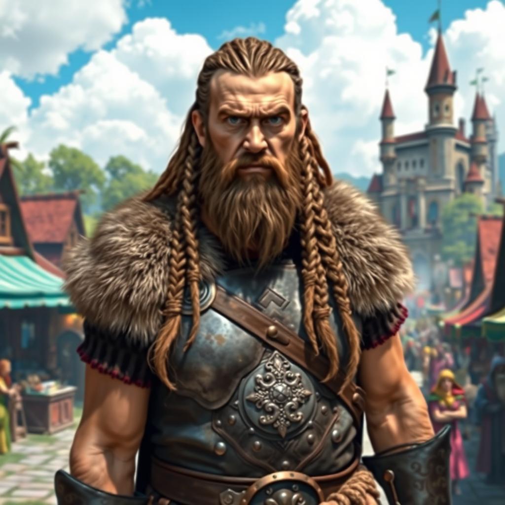 A rugged Viking warrior, with a fierce expression and long braided hair, stands bewildered in a lush, vibrant medieval kingdom