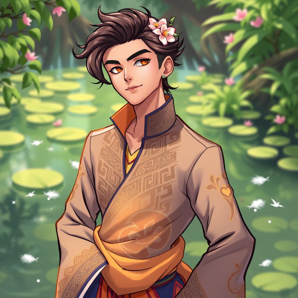 A stylized illustration of a male figure inspired by Zul Ariffin, featuring soft and delicate facial features, with a long flowing hairstyle adorned with flowers