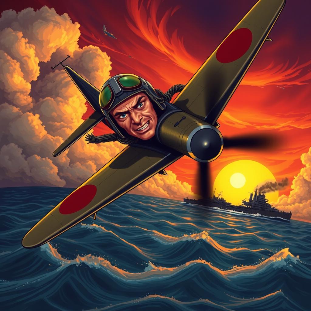 An intense and dynamic illustration of a Kamikaze pilot in action during World War II