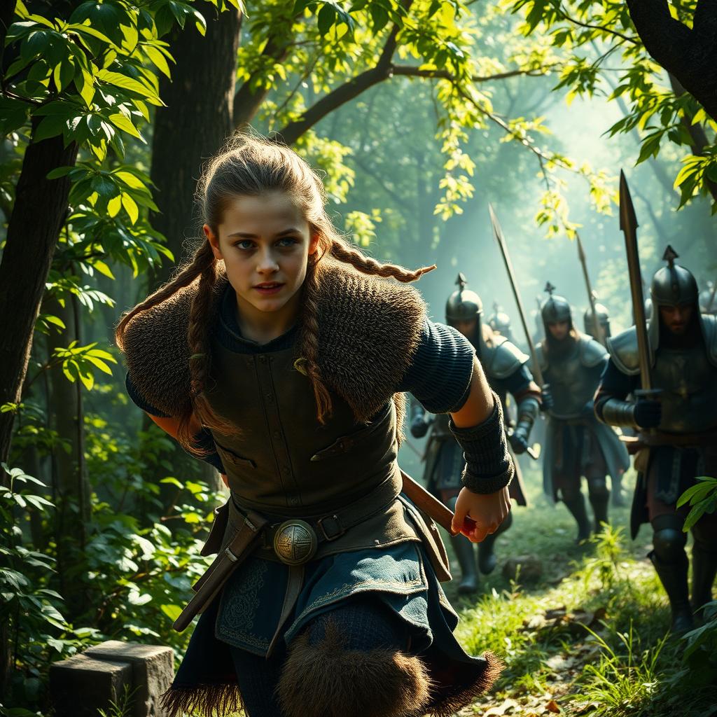 A young Viking warrior in authentic armor, with long braided hair, sprinting through a lush medieval forest, looking back in fear as guards in ornate armor chase him