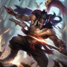 An intense action scene from League of Legends showing Draven scoring a dominating Pentakill, his signature spinning axes swinging through the air with raw power and precision.