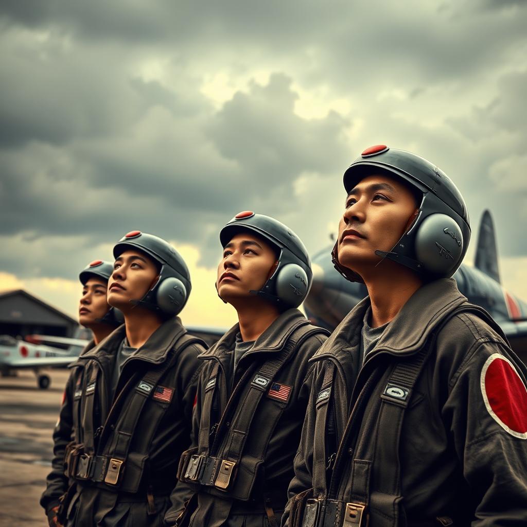 A dramatic scene depicting a group of Japanese kamikaze pilots preparing for their final mission during World War II