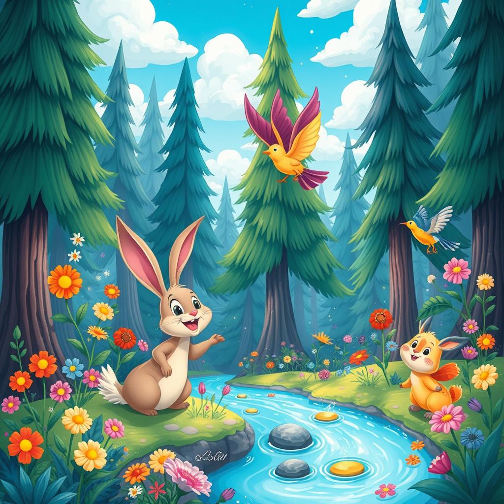 A whimsical and colorful illustration inspired by classic Disney animation style, featuring a magical forest with vibrant, anthropomorphic animals engaging in joyful activities