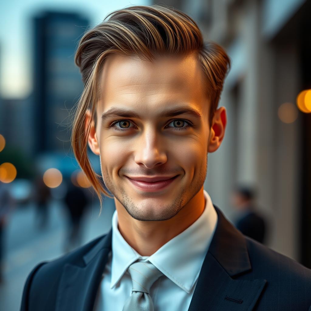 A stunning portrait of an elegantly dressed gentleman in a formal suit, standing in a sophisticated urban setting, with his expression showing confidence and charm