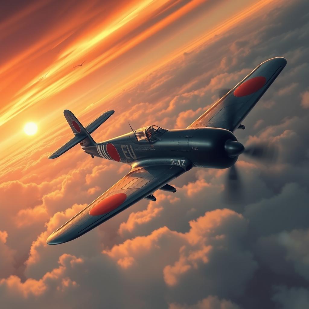 A dramatic depiction of a Japanese kamikaze aircraft soaring through the sky during World War II, showcasing its distinctive design with a vintage aesthetic