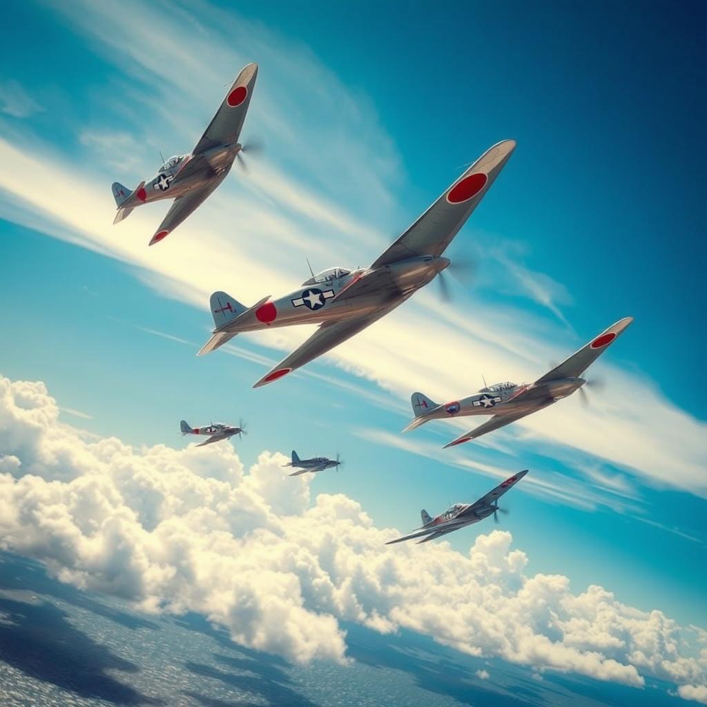 A dramatic scene of a squadron of Japanese kamikaze planes soaring through a bright blue sky, with clouds forming a vivid backdrop