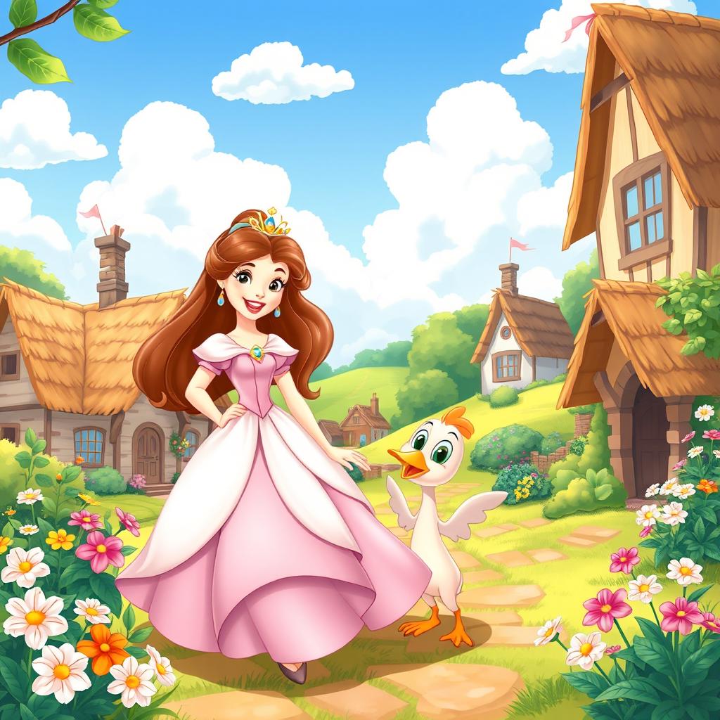 A charming and colorful illustration in the classic Disney animation style, featuring a joyful scene in a fairytale village