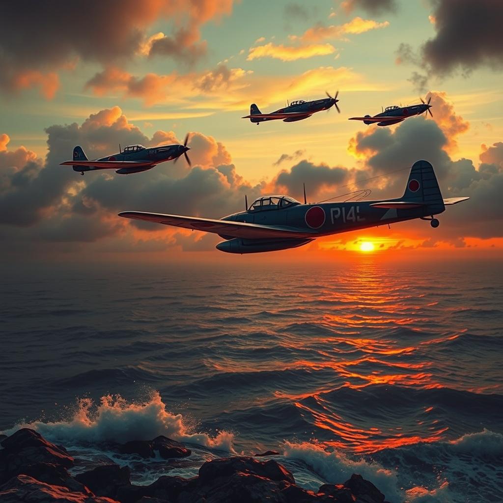 A dramatic scene depicting a squadron of Japanese kamikaze planes flying in formation over a vast ocean landscape