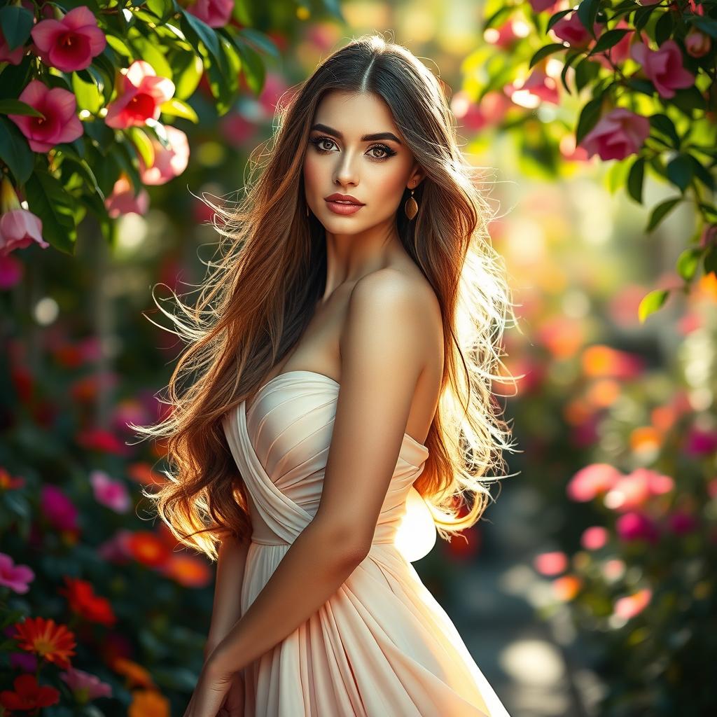 A beautiful woman with long flowing hair, dressed in an elegant evening gown, standing gracefully in a lush garden filled with vibrant flowers